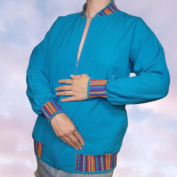 Vintage Jackets & Blazers - Vtg 80s Blair Boutique Blue Colorful Bomber Wind Breaker Jacket w/ Pockets Sz M